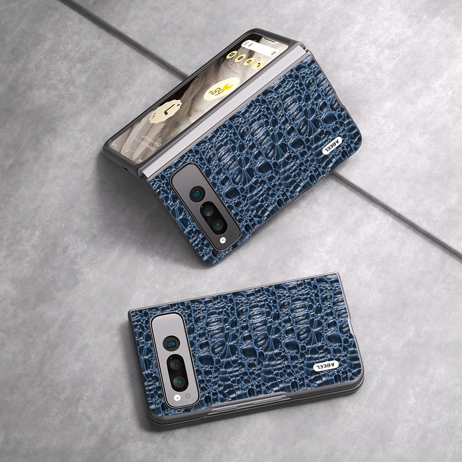Uniqkart For Google Pixel Fold Impact Absorbing Case Canopy Texture Genuine Cow Leather + PC Phone Cover - Blue