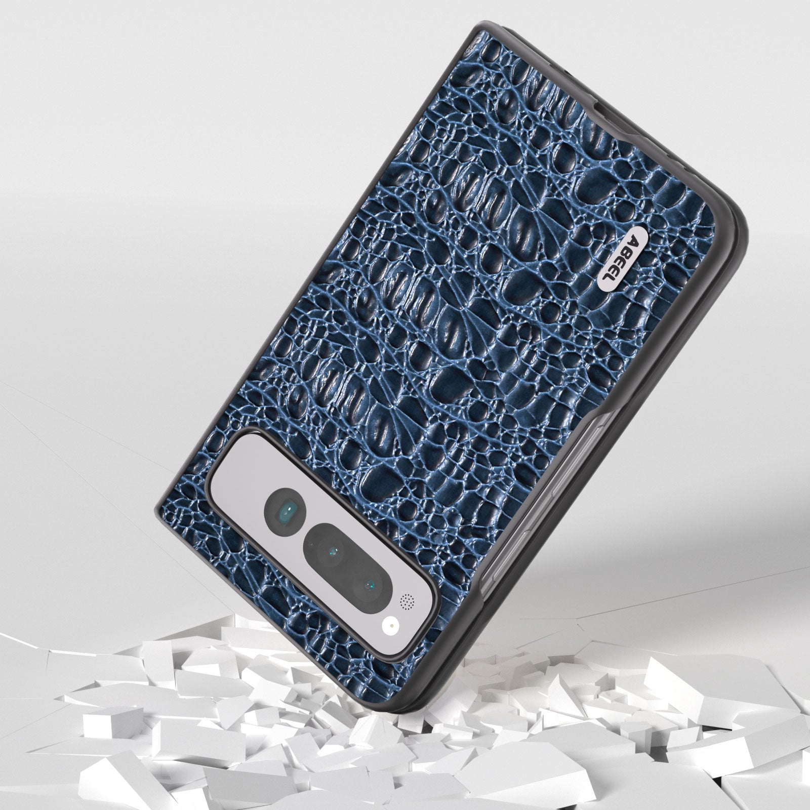 Uniqkart For Google Pixel Fold Impact Absorbing Case Canopy Texture Genuine Cow Leather + PC Phone Cover - Blue