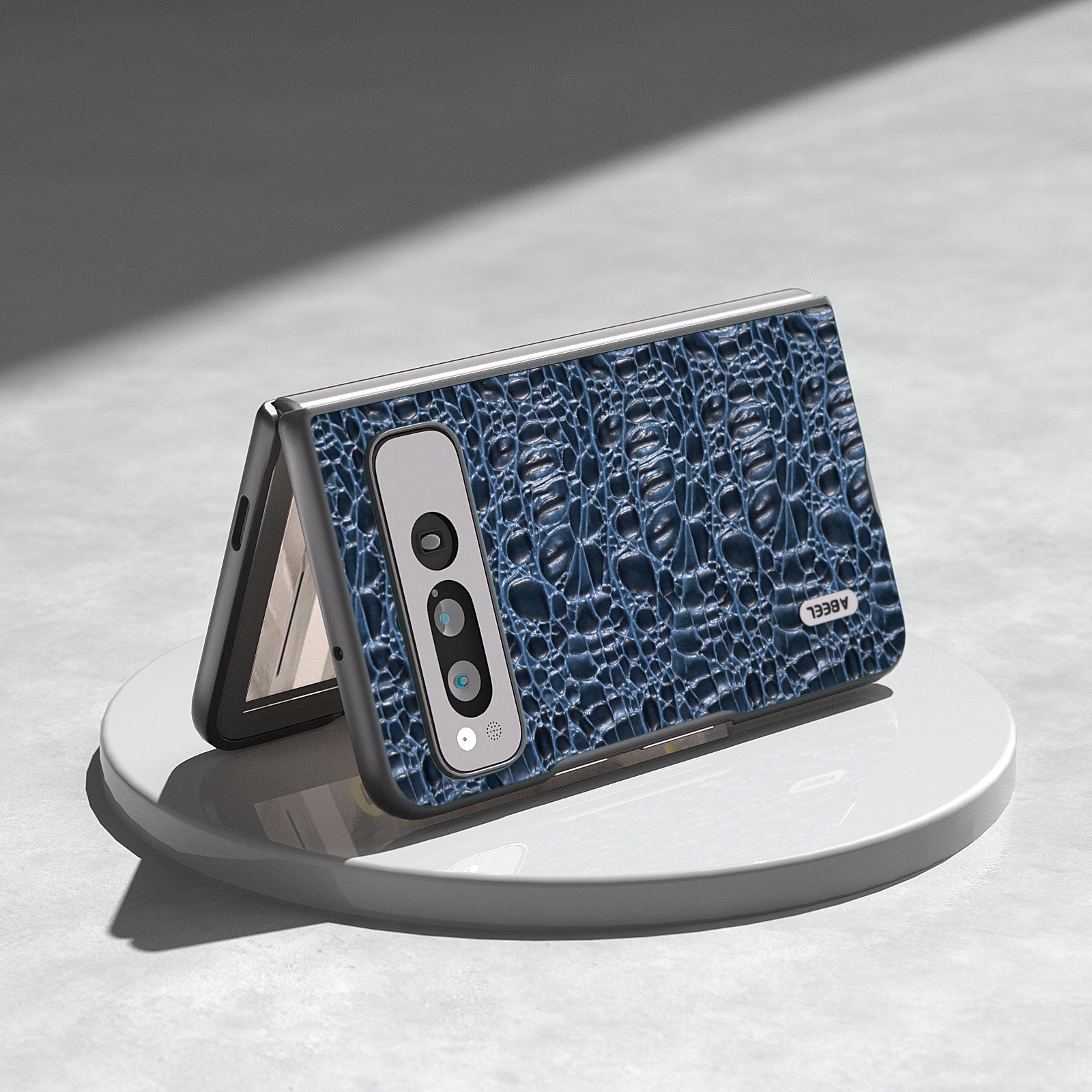 Uniqkart For Google Pixel Fold Impact Absorbing Case Canopy Texture Genuine Cow Leather + PC Phone Cover - Blue