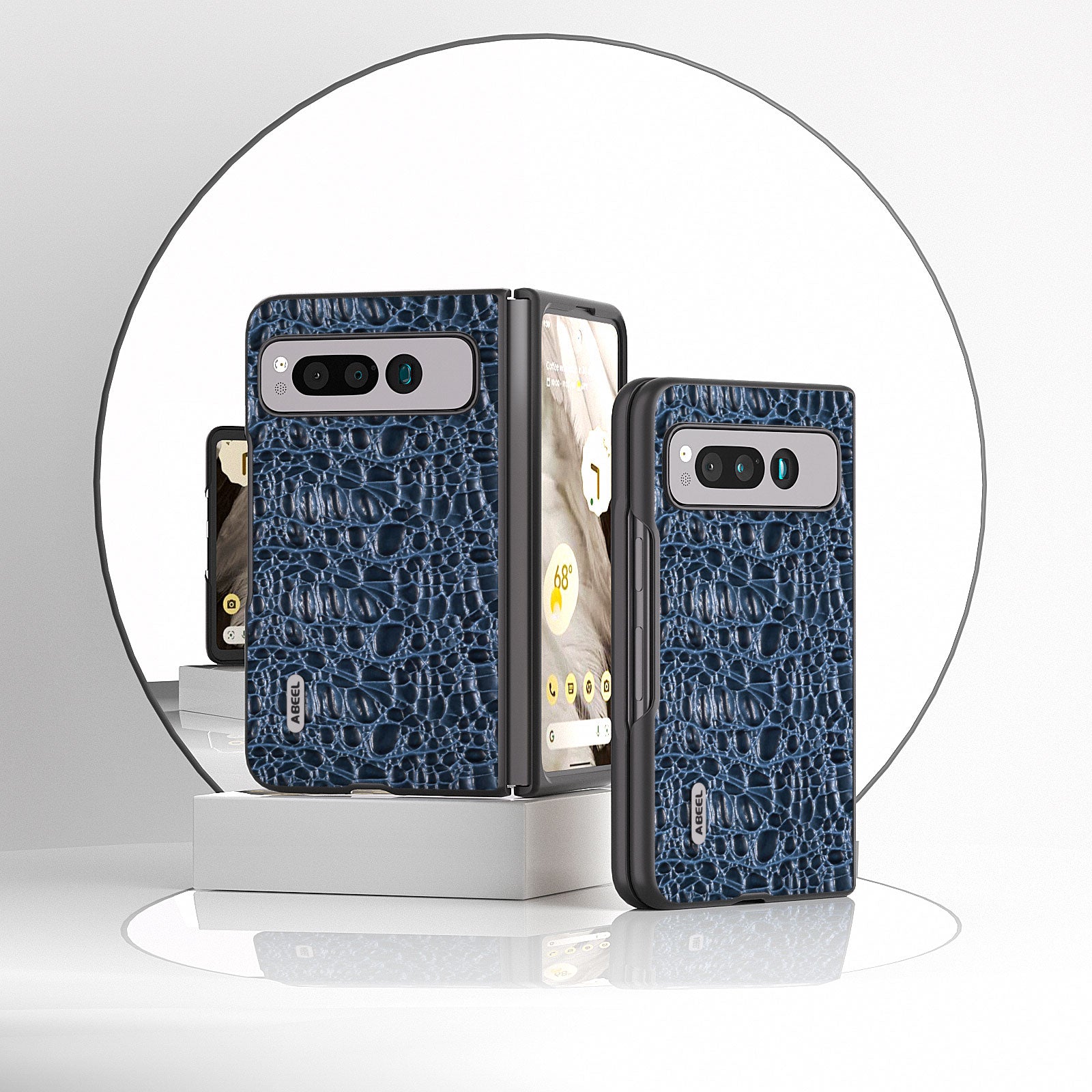 Uniqkart For Google Pixel Fold Impact Absorbing Case Canopy Texture Genuine Cow Leather + PC Phone Cover - Blue