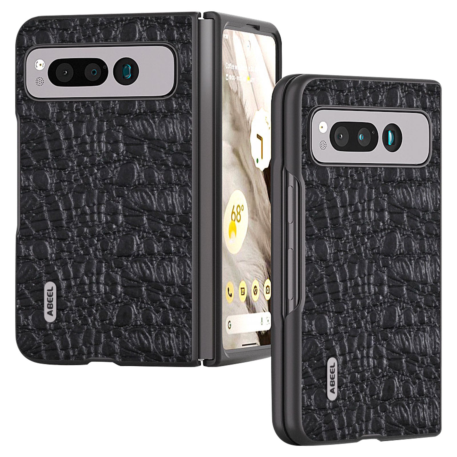 Uniqkart For Google Pixel Fold Impact Absorbing Case Canopy Texture Genuine Cow Leather + PC Phone Cover - Black