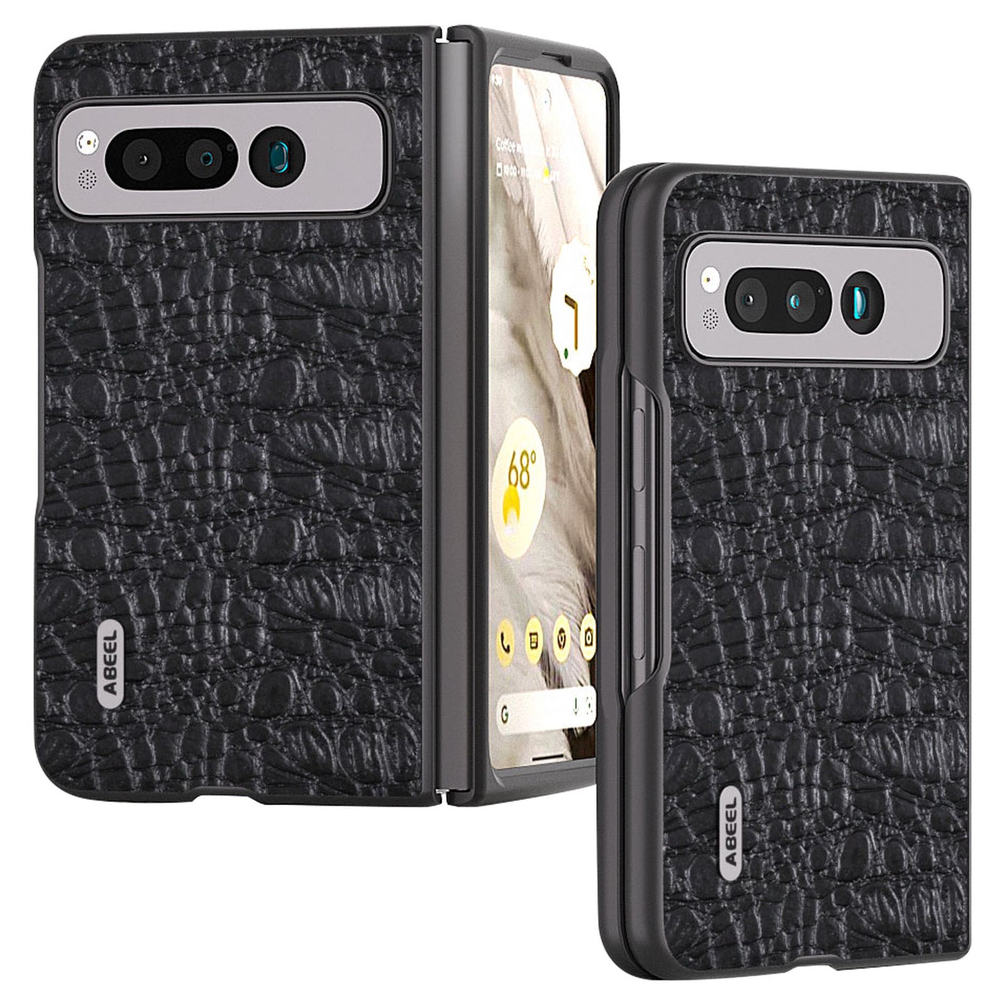Uniqkart For Google Pixel Fold Impact Absorbing Case Canopy Texture Genuine Cow Leather + PC Phone Cover - Black