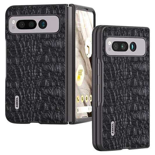 Uniqkart For Google Pixel Fold Impact Absorbing Case Canopy Texture Genuine Cow Leather + PC Phone Cover - Black