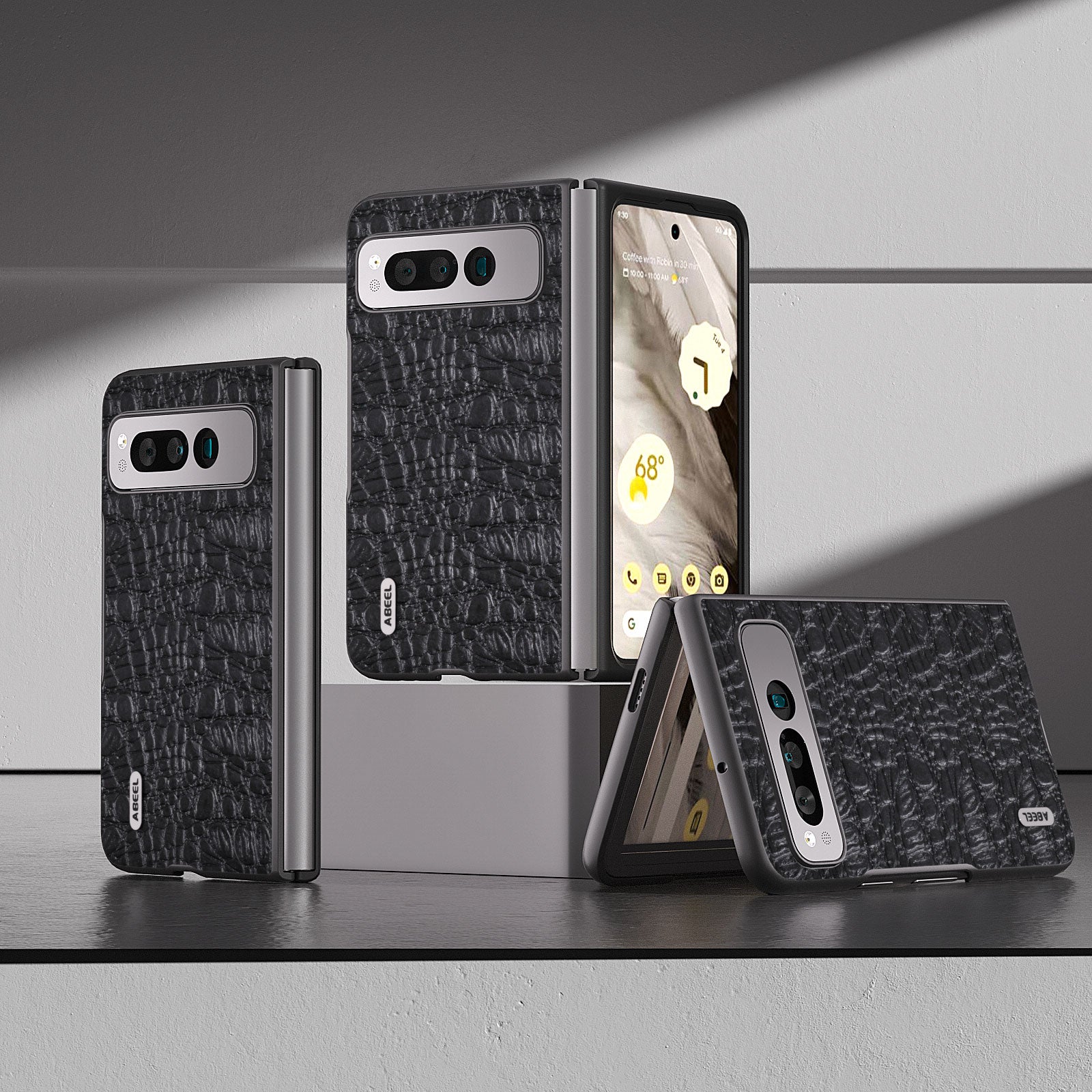 Uniqkart For Google Pixel Fold Impact Absorbing Case Canopy Texture Genuine Cow Leather + PC Phone Cover - Black