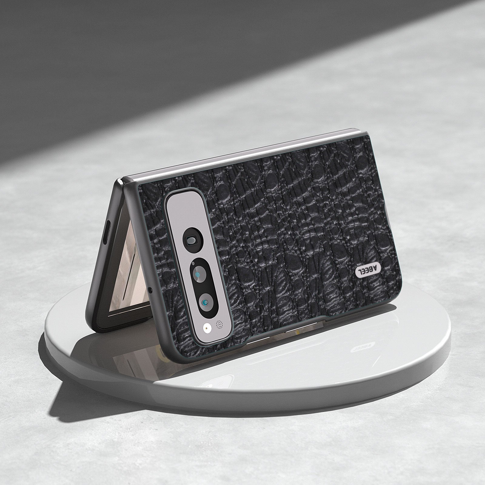 Uniqkart For Google Pixel Fold Impact Absorbing Case Canopy Texture Genuine Cow Leather + PC Phone Cover - Black