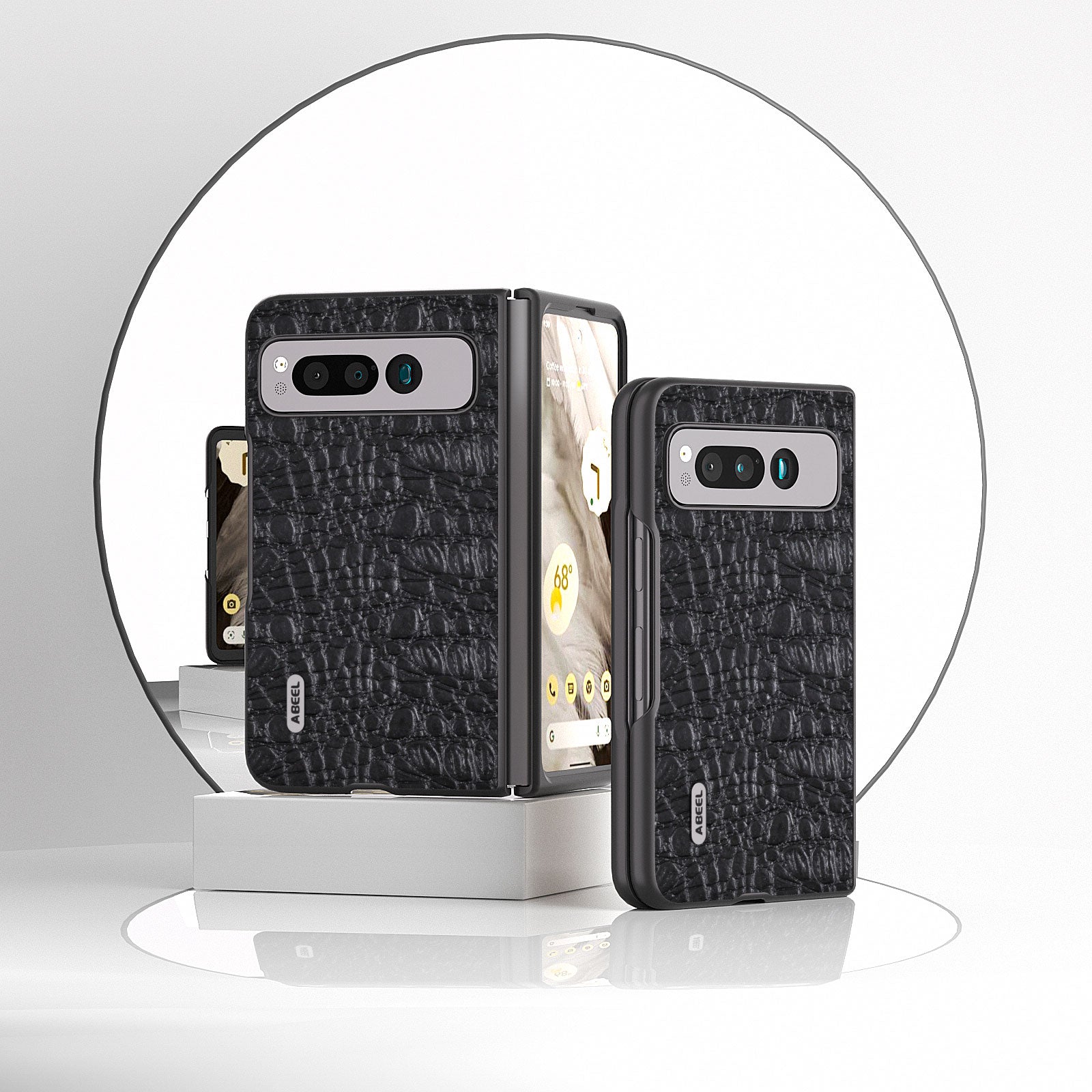 Uniqkart For Google Pixel Fold Impact Absorbing Case Canopy Texture Genuine Cow Leather + PC Phone Cover - Black