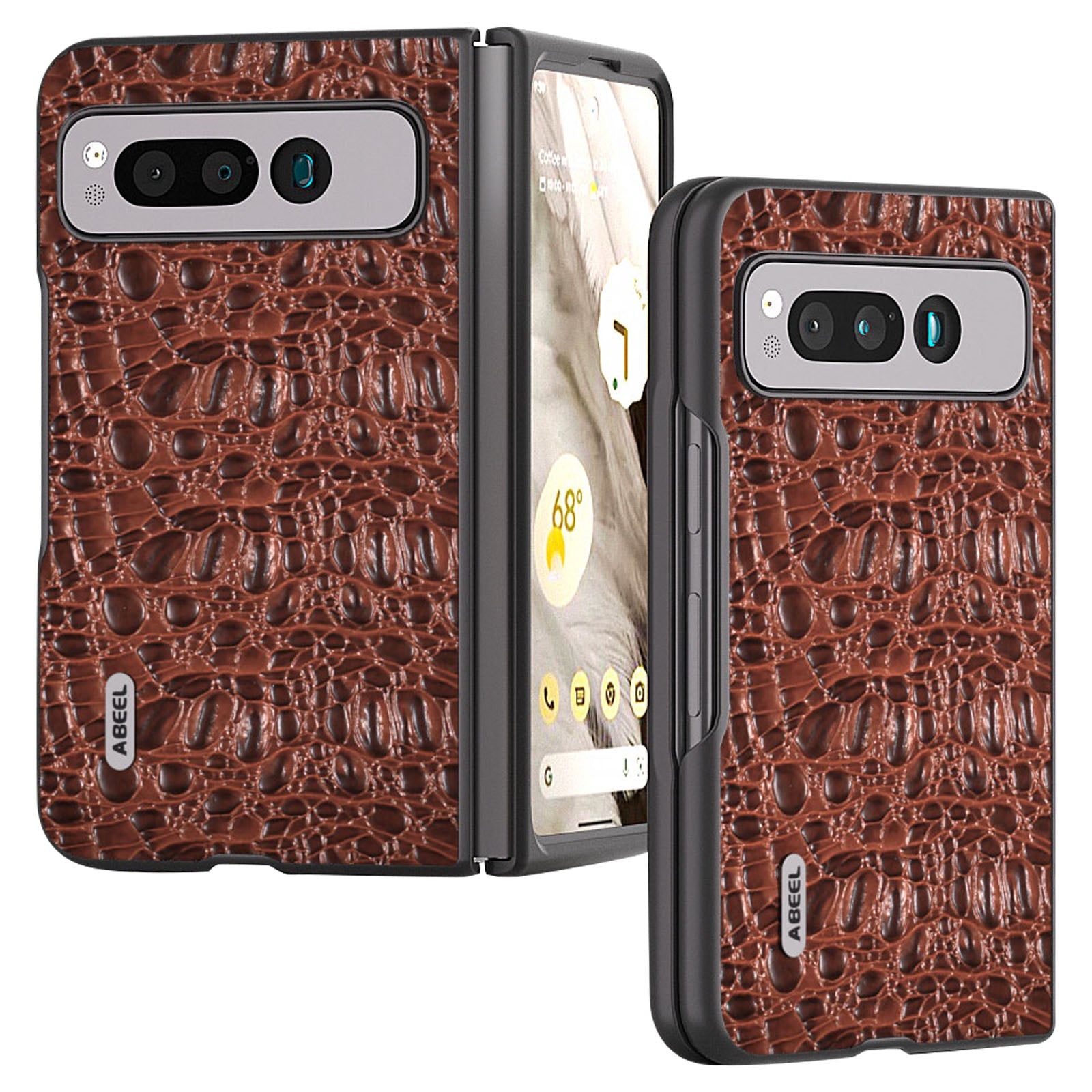 Uniqkart For Google Pixel Fold Impact Absorbing Case Canopy Texture Genuine Cow Leather + PC Phone Cover - Brown