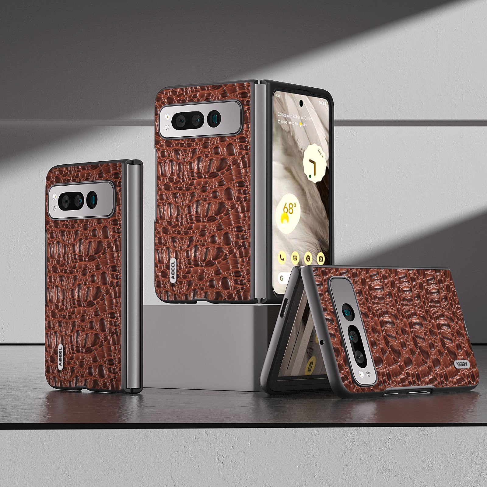 Uniqkart For Google Pixel Fold Impact Absorbing Case Canopy Texture Genuine Cow Leather + PC Phone Cover - Brown