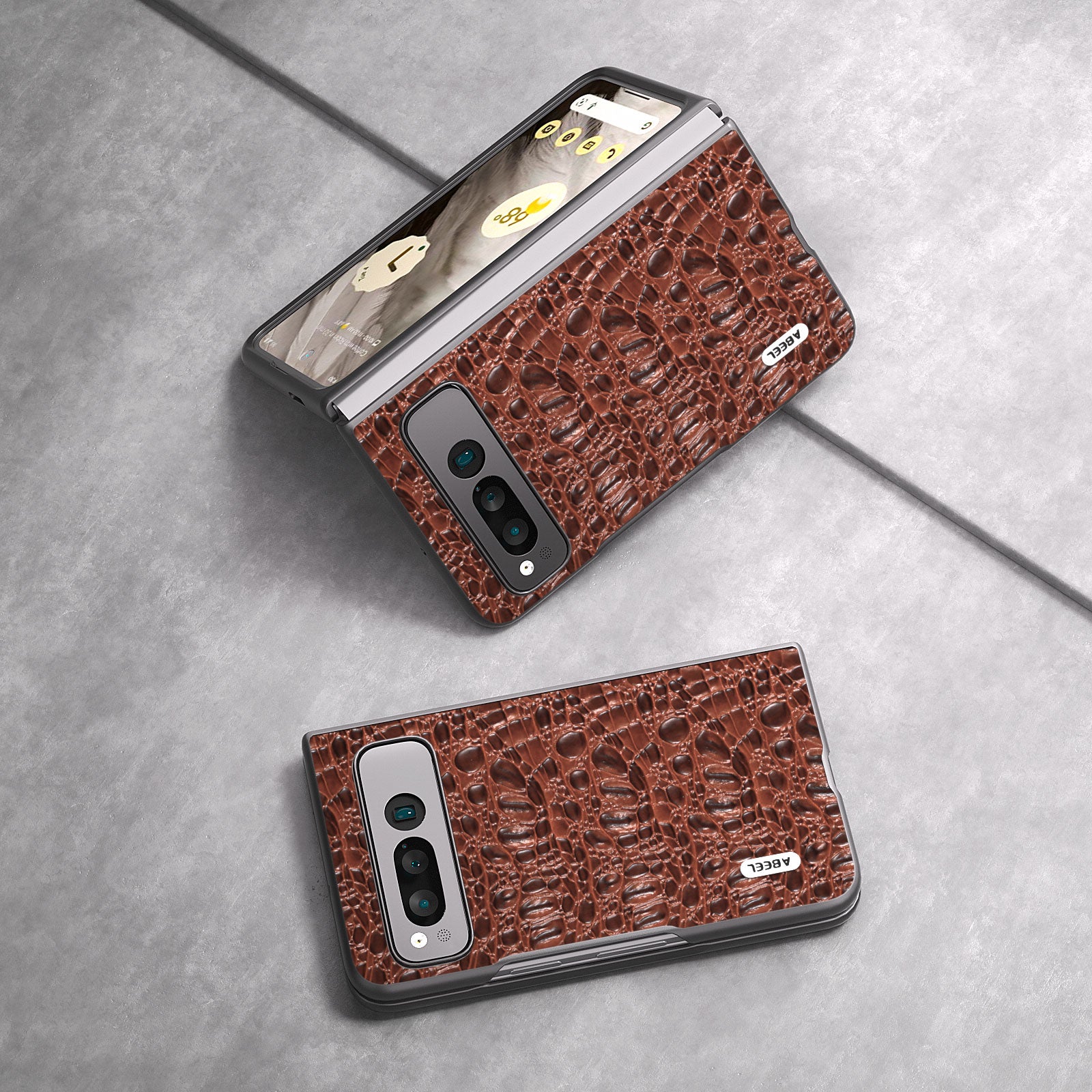 Uniqkart For Google Pixel Fold Impact Absorbing Case Canopy Texture Genuine Cow Leather + PC Phone Cover - Brown