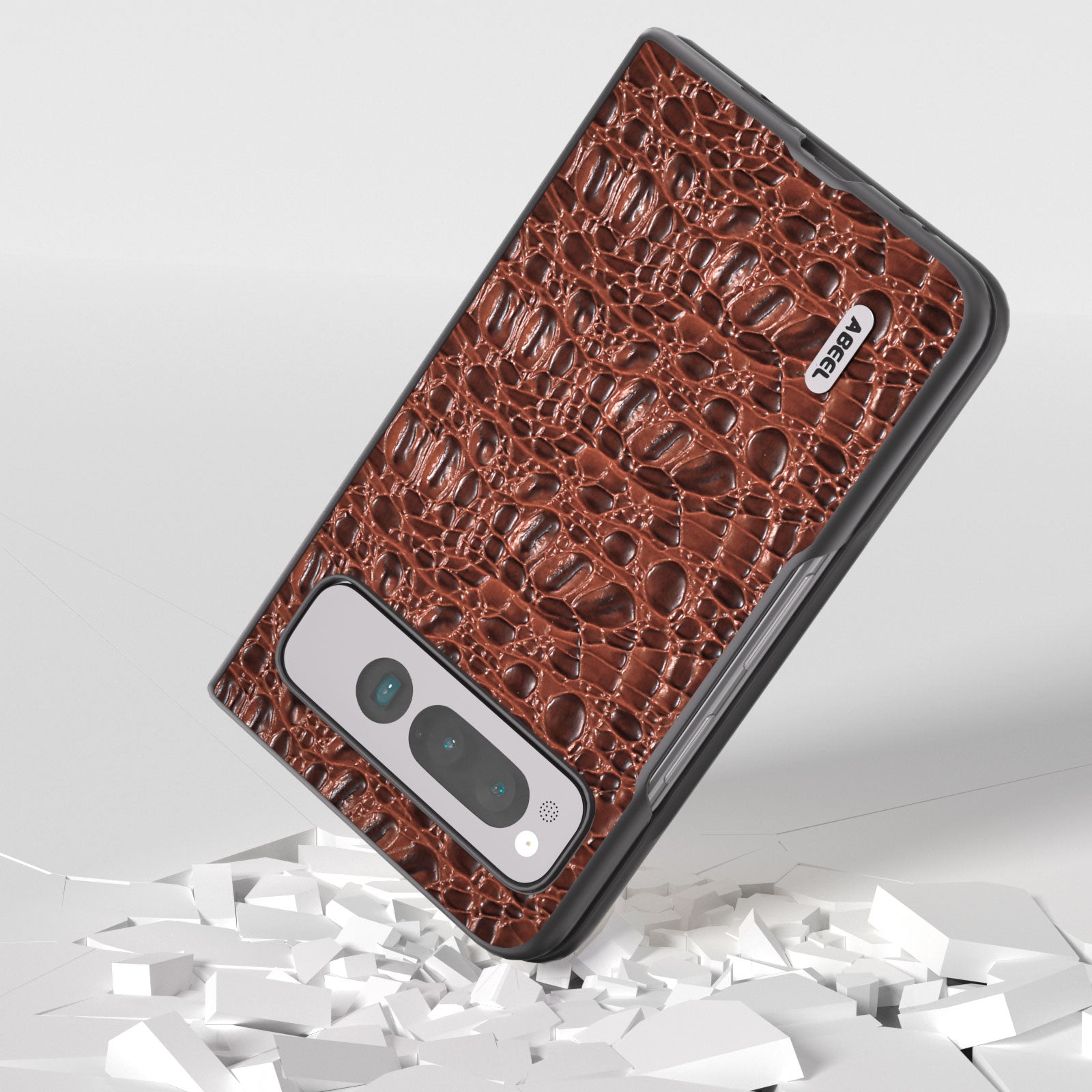 Uniqkart For Google Pixel Fold Impact Absorbing Case Canopy Texture Genuine Cow Leather + PC Phone Cover - Brown