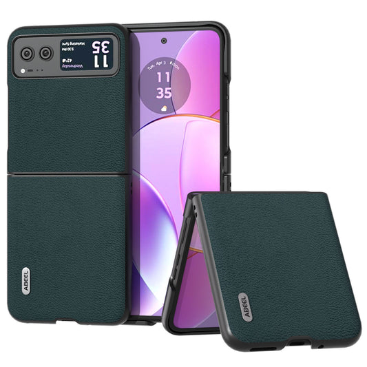 Uniqkart For Motorola Razr 40 5G Slim Litchi Texture Phone Case Genuine Cow Leather + PC Protective Cover - Midnight Green