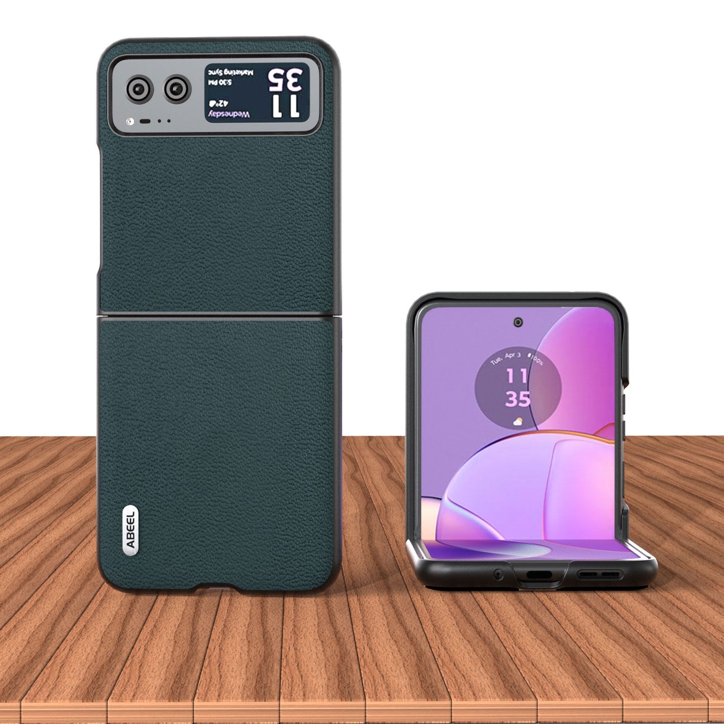 Uniqkart For Motorola Razr 40 5G Slim Litchi Texture Phone Case Genuine Cow Leather + PC Protective Cover - Midnight Green