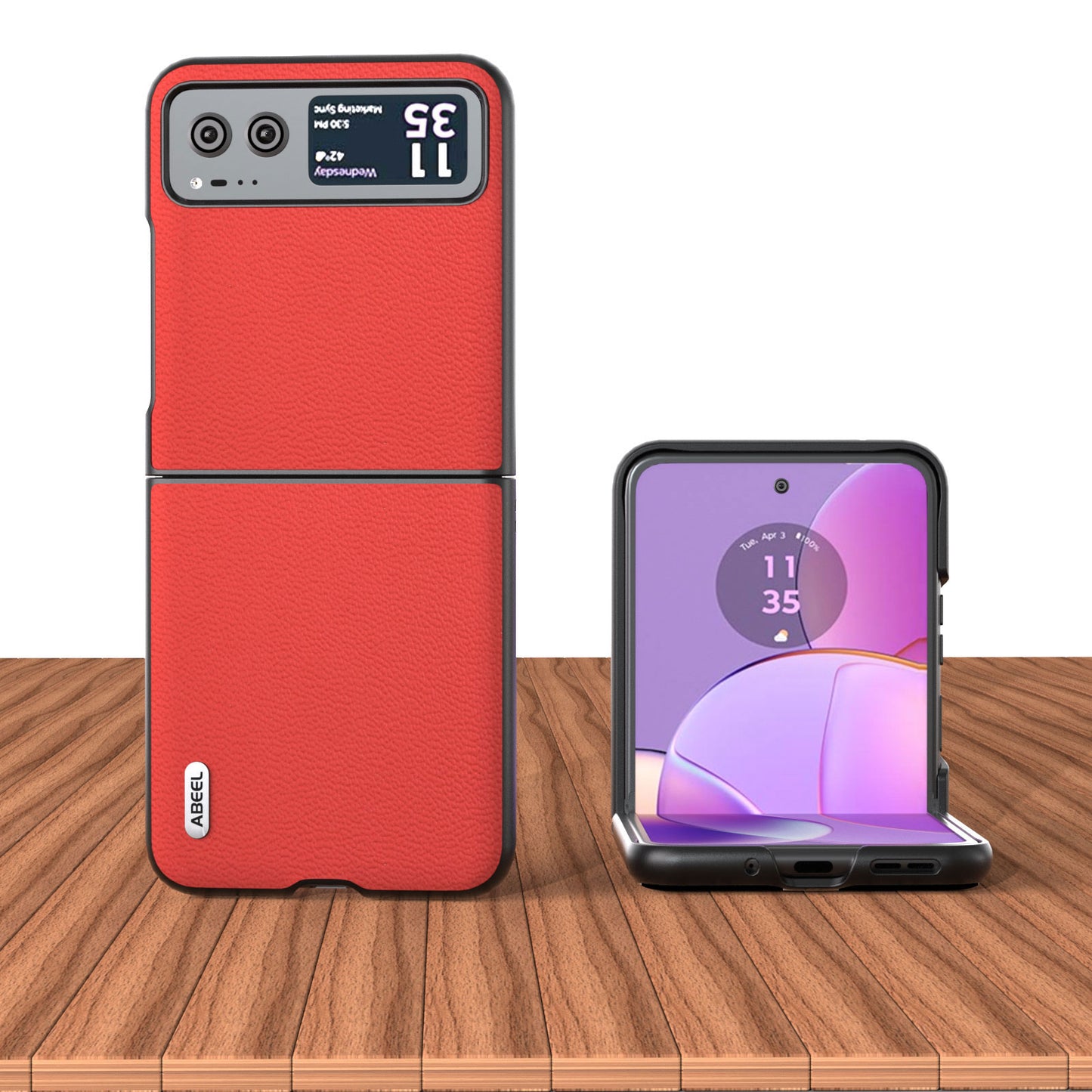 Uniqkart For Motorola Razr 40 5G Slim Litchi Texture Phone Case Genuine Cow Leather + PC Protective Cover - Red