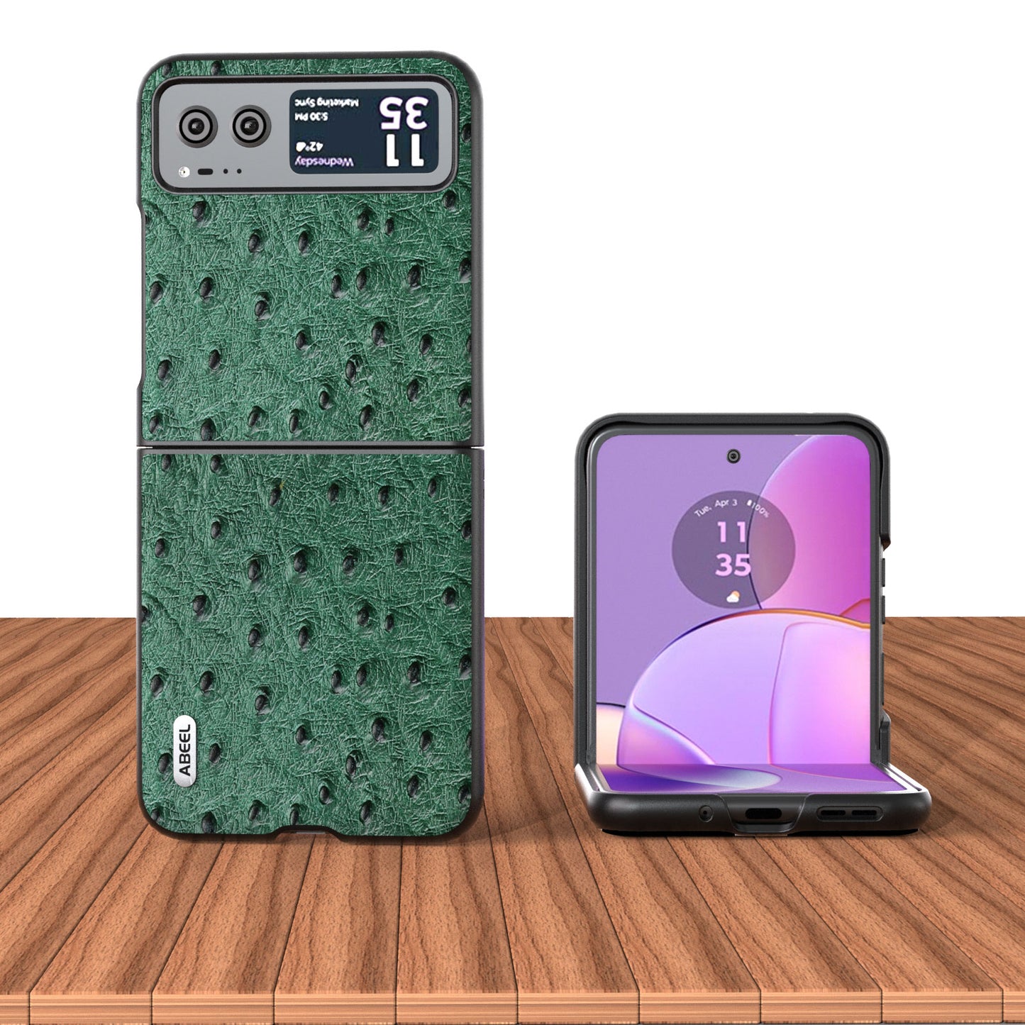 Uniqkart For Motorola Razr 40 5G Protective Slim Case Genuine Cow Leather Coated PC Ostrich Texture Phone Cover - Green