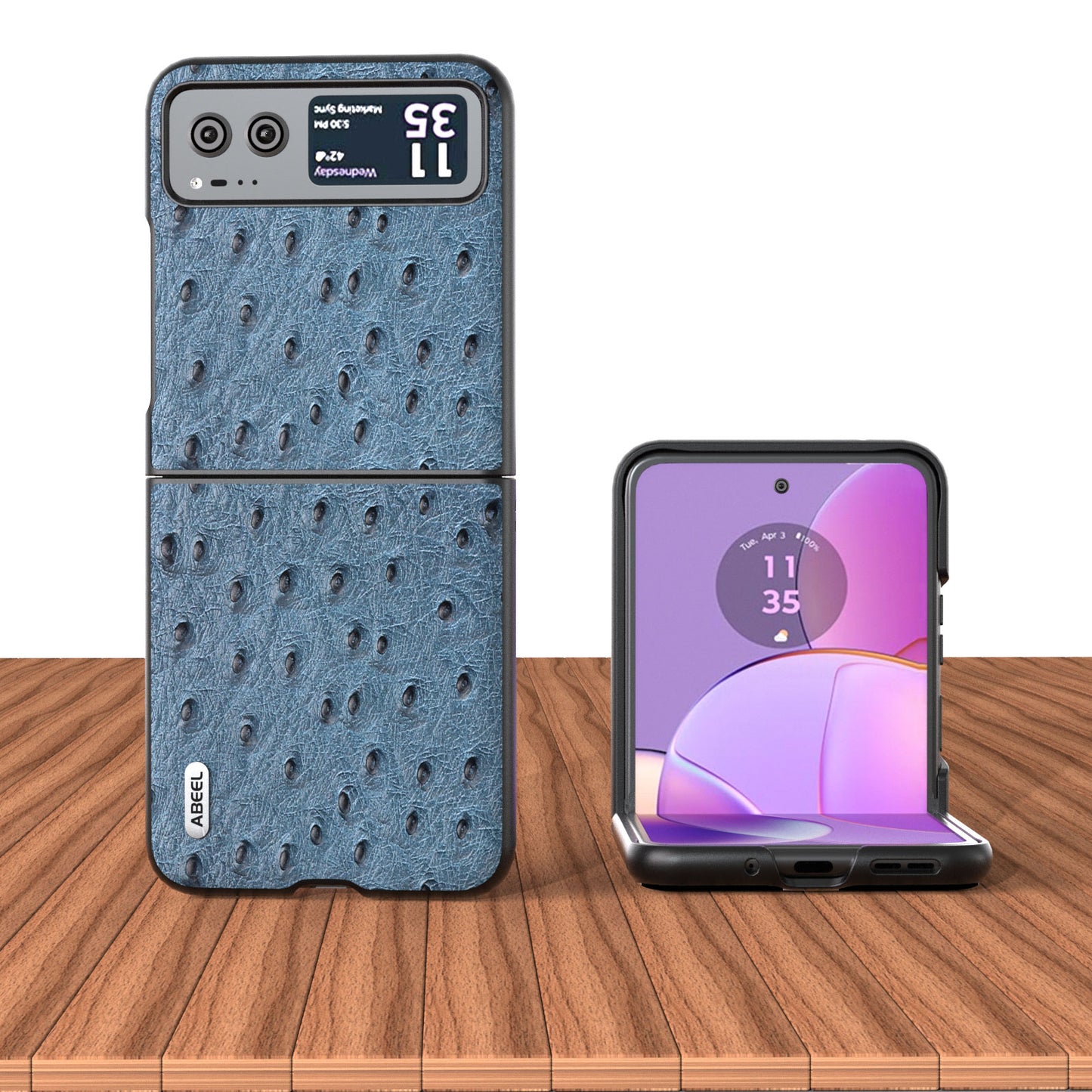 Uniqkart For Motorola Razr 40 5G Protective Slim Case Genuine Cow Leather Coated PC Ostrich Texture Phone Cover - Blue