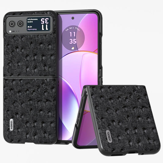 Uniqkart For Motorola Razr 40 5G Protective Slim Case Genuine Cow Leather Coated PC Ostrich Texture Phone Cover - Black