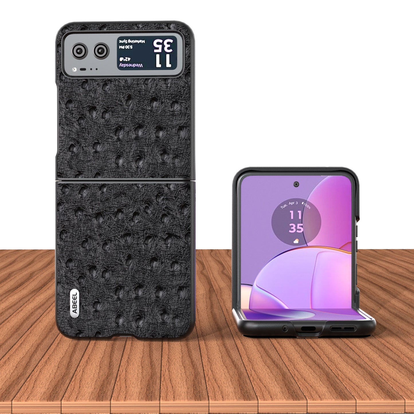 Uniqkart For Motorola Razr 40 5G Protective Slim Case Genuine Cow Leather Coated PC Ostrich Texture Phone Cover - Black