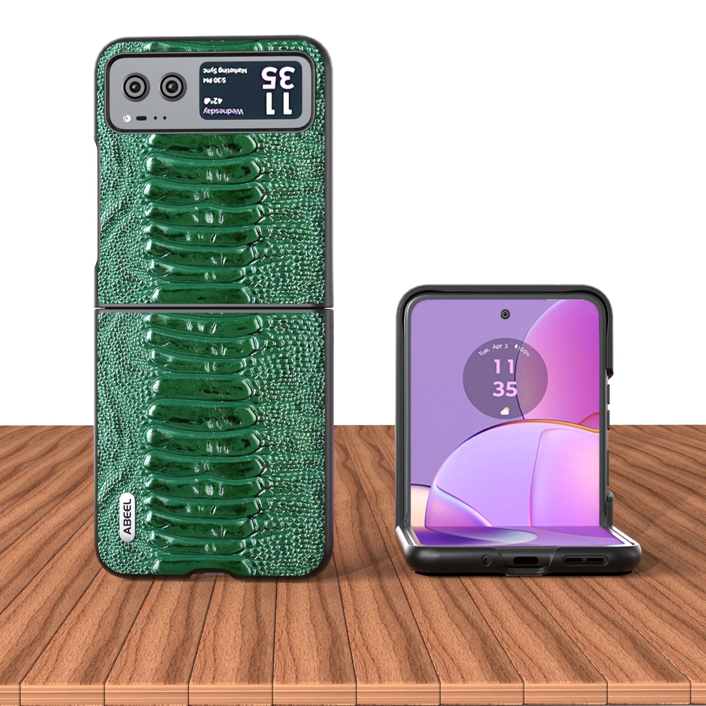 Uniqkart for Motorola Razr 40 5G Genuine Cow Leather + Hard PC Shell Crocodile Texture Phone Case - Green