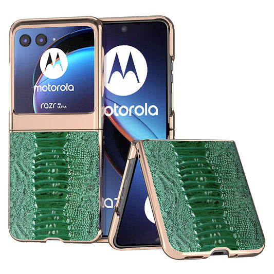 Uniqkart for Motorola Razr 40 Ultra 5G Crocodile Texture Thin Cover Genuine Cow Leather + PC Electroplating Phone Case - Green