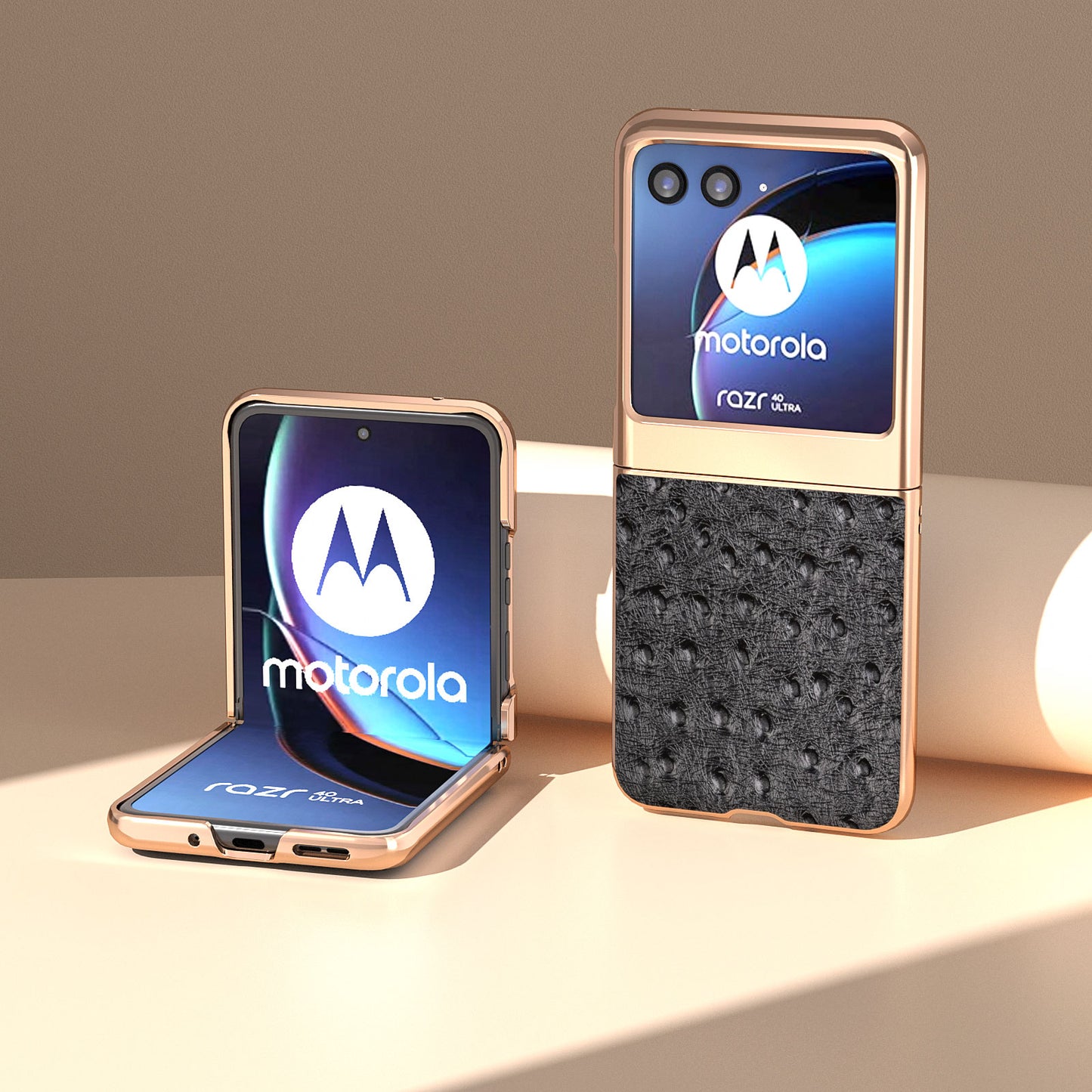 Uniqkart for Motorola Razr 40 Ultra 5G Shockproof Ostrich Texture Case Genuine Cow Leather + PC Electroplating Phone Cover - Black