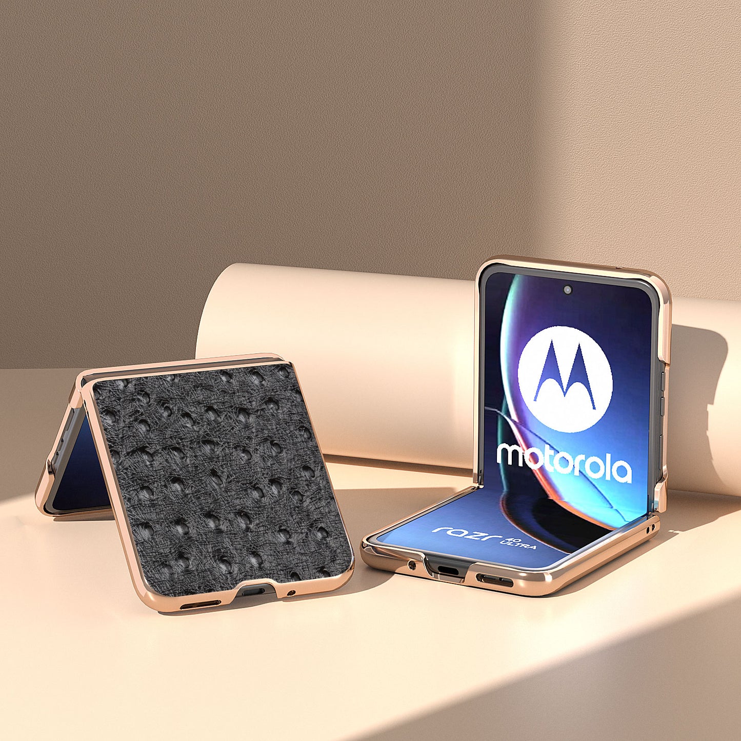 Uniqkart for Motorola Razr 40 Ultra 5G Shockproof Ostrich Texture Case Genuine Cow Leather + PC Electroplating Phone Cover - Black