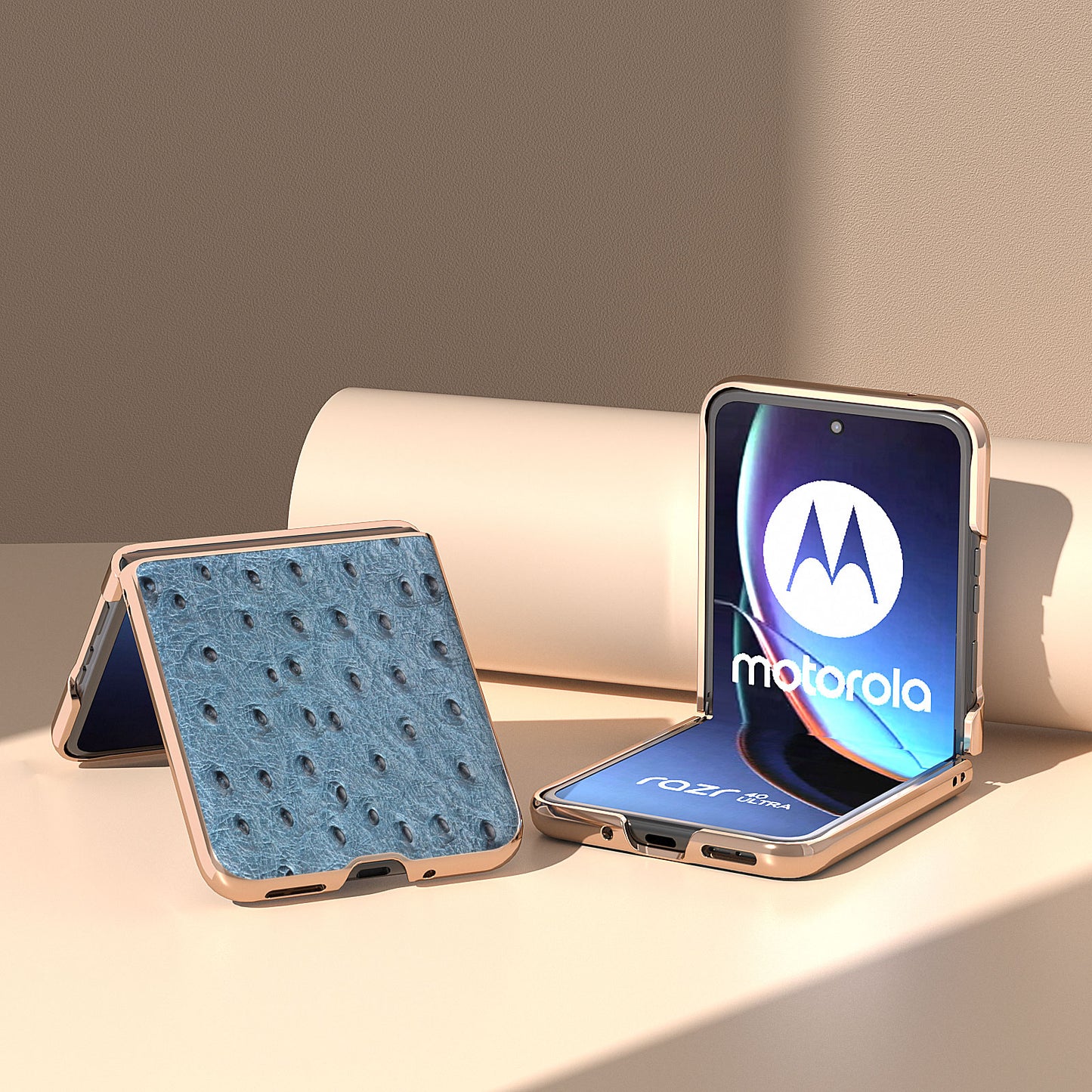 Uniqkart for Motorola Razr 40 Ultra 5G Shockproof Ostrich Texture Case Genuine Cow Leather + PC Electroplating Phone Cover - Blue