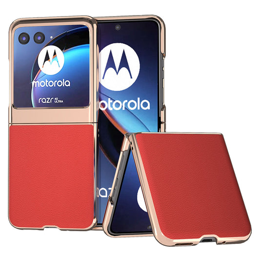 Uniqkart for Motorola Razr 40 Ultra 5G Electroplating Phone Case Genuine Cow Leather + PC Litchi Texture Cover - Red