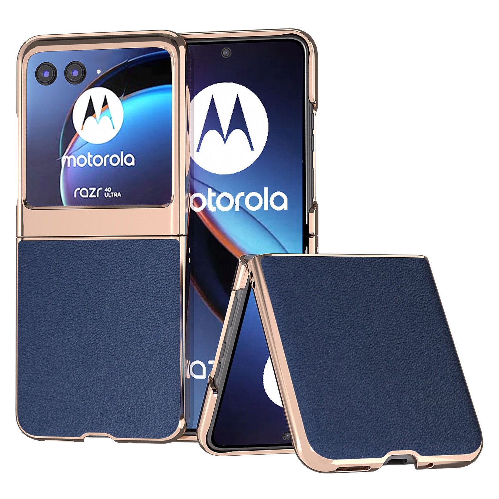 Uniqkart for Motorola Razr 40 Ultra 5G Electroplating Phone Case Genuine Cow Leather + PC Litchi Texture Cover - Blue