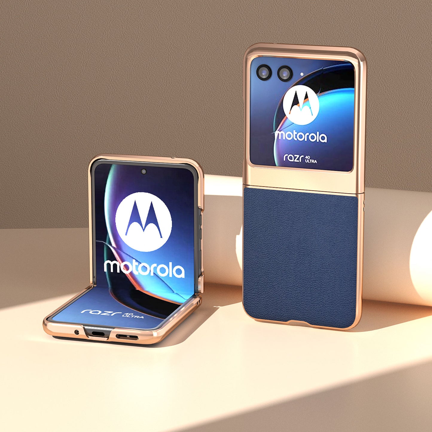 Uniqkart for Motorola Razr 40 Ultra 5G Electroplating Phone Case Genuine Cow Leather + PC Litchi Texture Cover - Blue