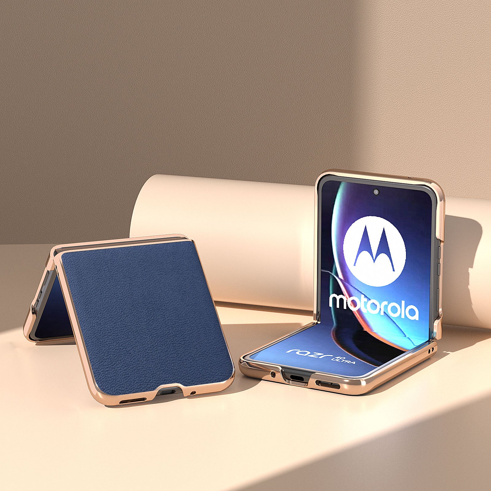 Uniqkart for Motorola Razr 40 Ultra 5G Electroplating Phone Case Genuine Cow Leather + PC Litchi Texture Cover - Blue