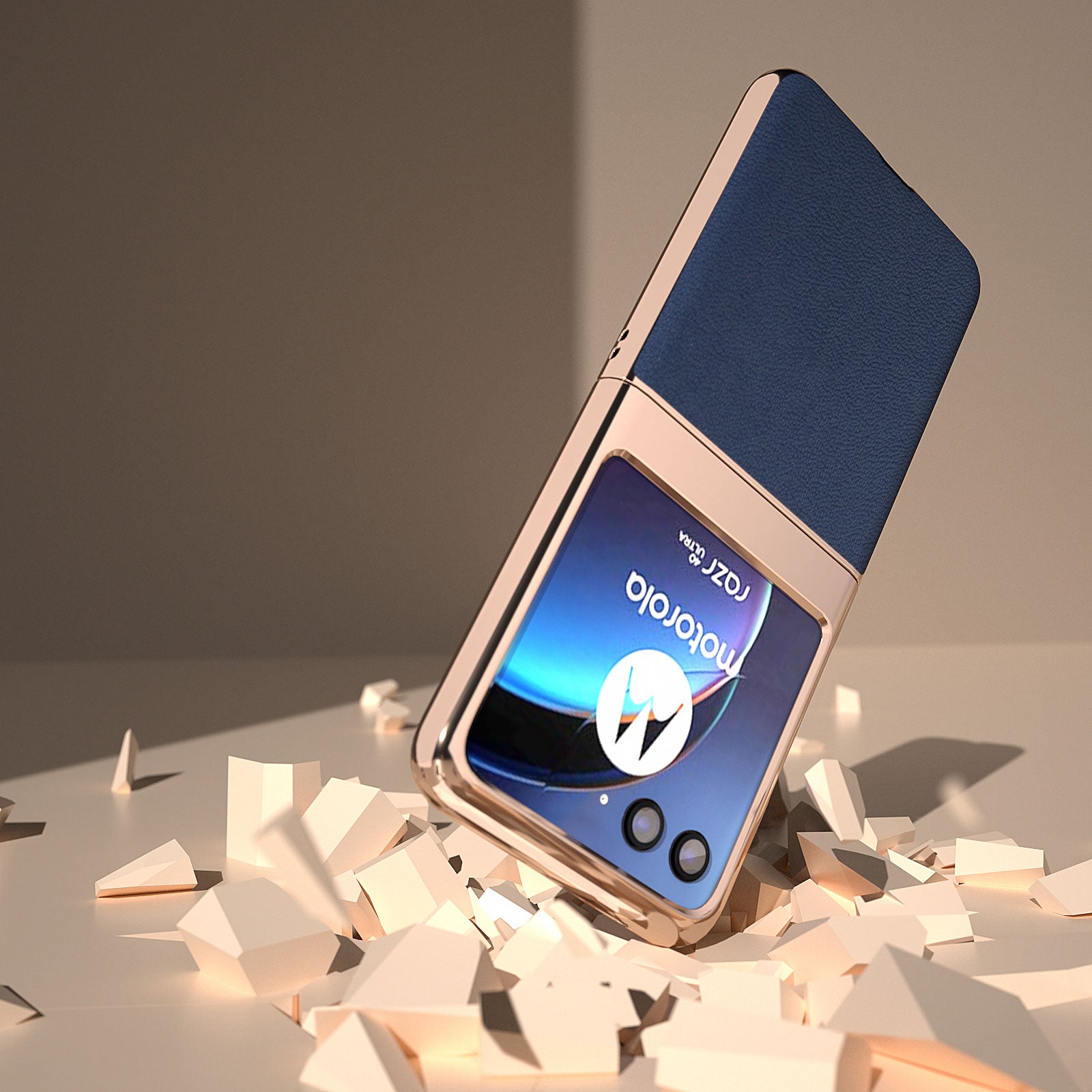 Uniqkart for Motorola Razr 40 Ultra 5G Electroplating Phone Case Genuine Cow Leather + PC Litchi Texture Cover - Blue