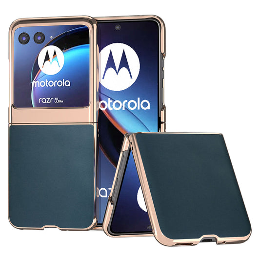 Uniqkart for Motorola Razr 40 Ultra 5G Electroplating Nappa Texture Case Genuine Cow Leather Coated PC Phone Cover - Green