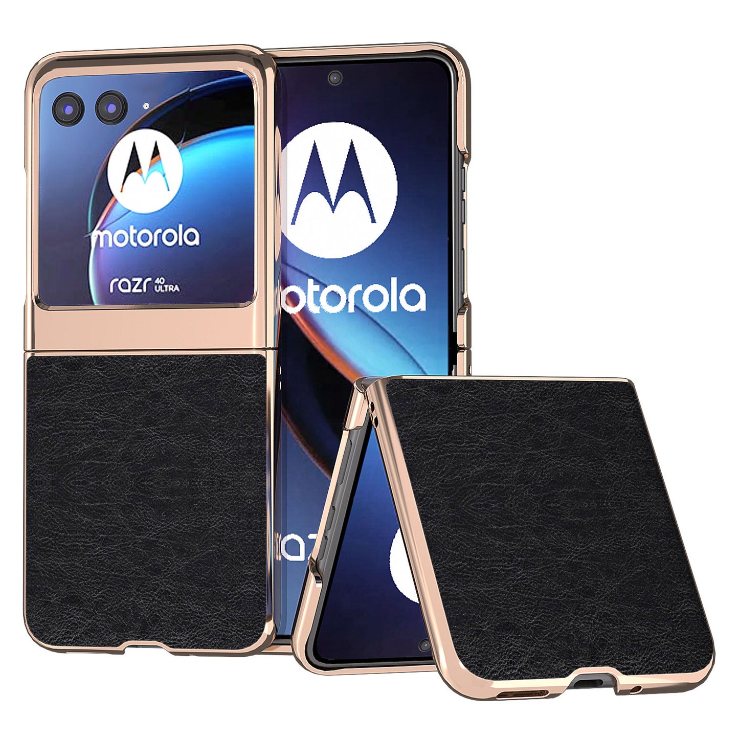 Uniqkart for Motorola Razr 40 Ultra 5G Retro Litchi Texture Phone Case PU Leather Coated PC Electroplating Cover - Black