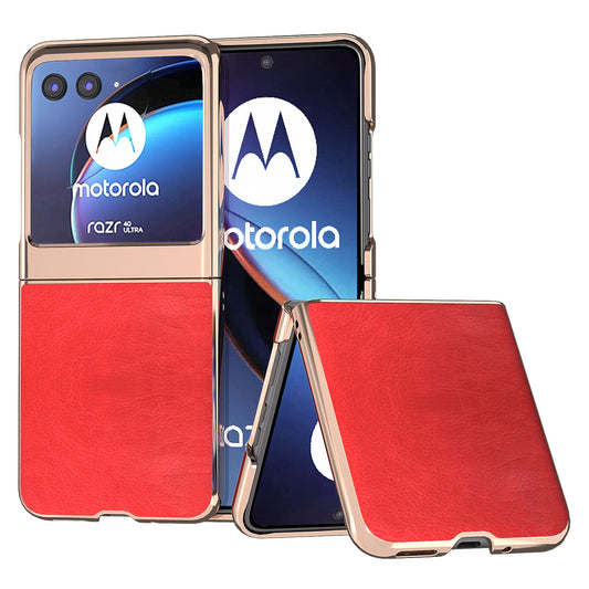 Uniqkart for Motorola Razr 40 Ultra 5G Retro Litchi Texture Phone Case PU Leather Coated PC Electroplating Cover - Red
