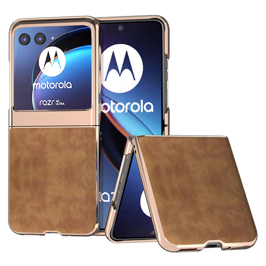 Uniqkart for Motorola Razr 40 Ultra 5G Retro Litchi Texture Phone Case PU Leather Coated PC Electroplating Cover - Brown