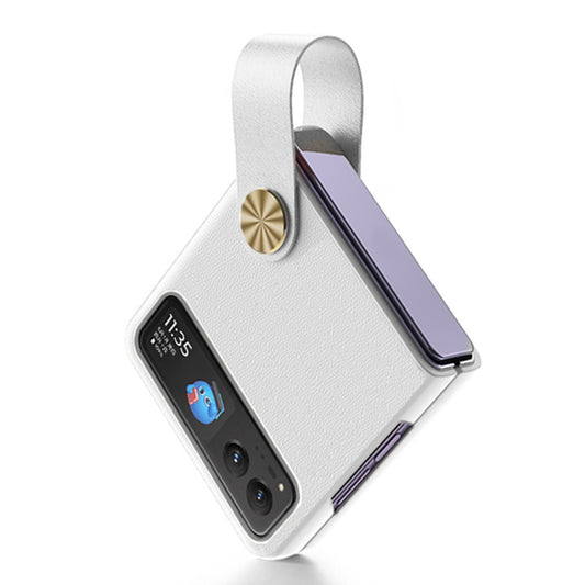 Uniqkart For Motorola Razr 40 5G Strap Kickstand Phone Case PU Leather Coated Hard PC Protective Cover - White