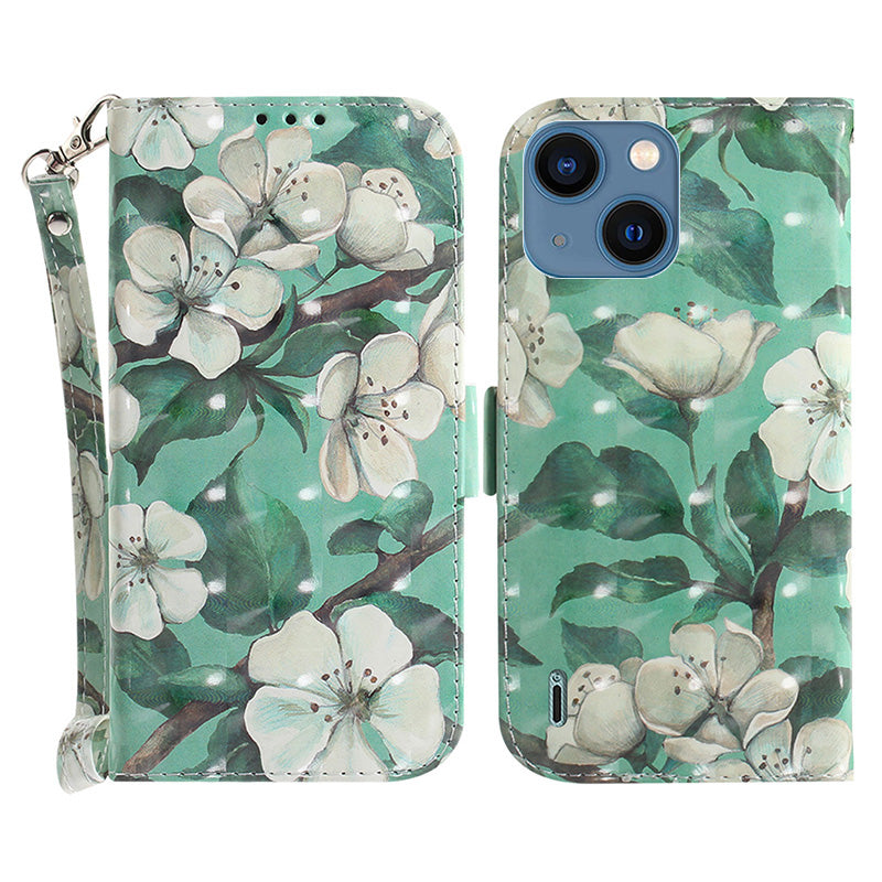 Anti-scratch Wallet Cover for iPhone 15 PU Leather 3D Pattern Printed Stand Phone Case with Strap - Watercolor Flowers