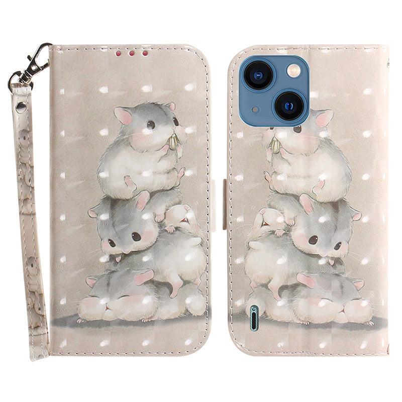 Anti-scratch Wallet Cover for iPhone 15 PU Leather 3D Pattern Printed Stand Phone Case with Strap - Stacking Squirrels