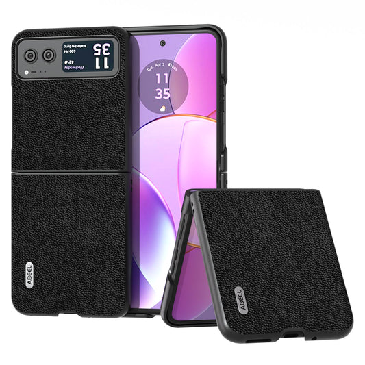 Uniqkart For Motorola Razr 40 5G Litchi Texture Shockproof Phone Case Cowhide Leather + PC Back Cover - Black