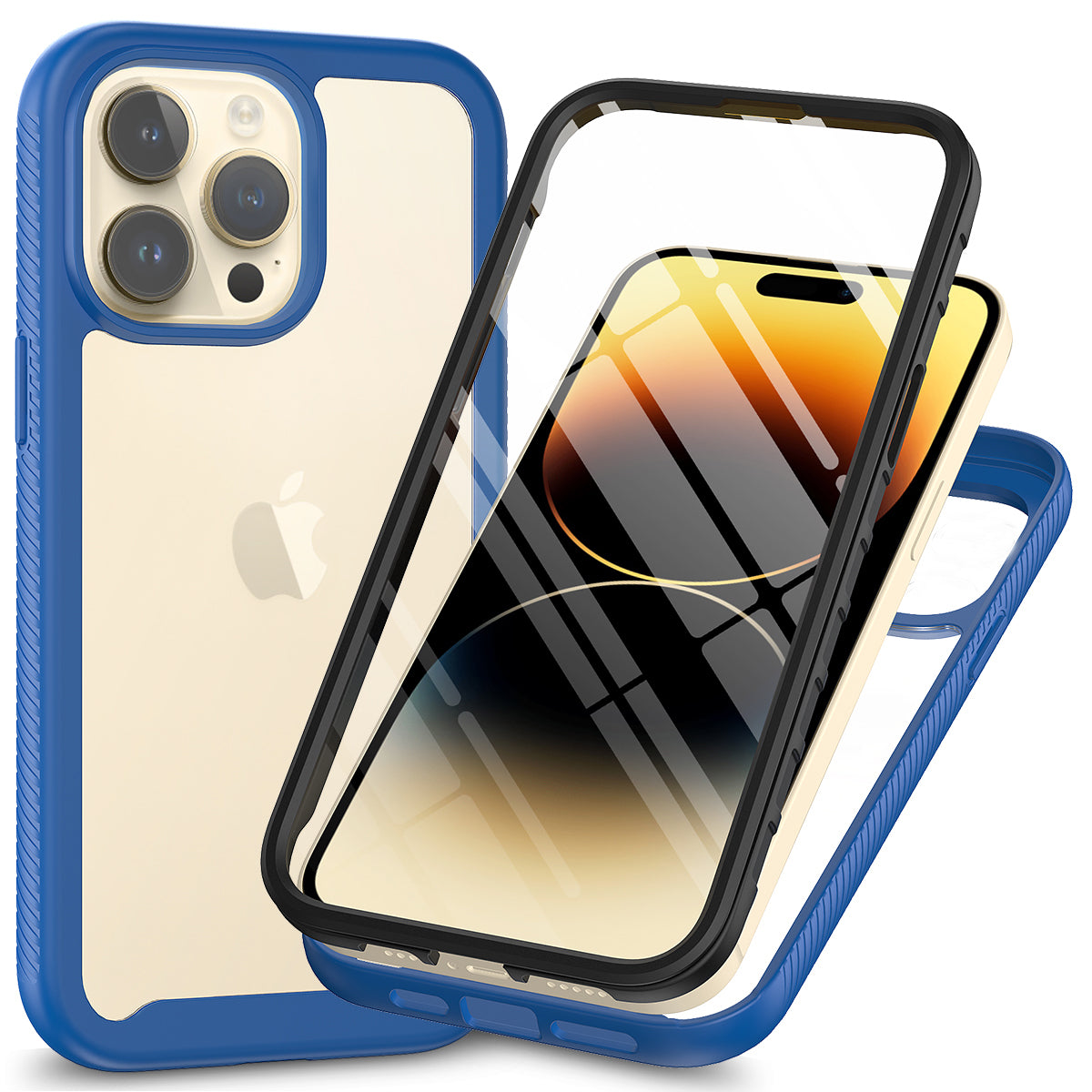 Uniqkart for iPhone 15 Pro Max 3-in-1 Full Protection Phone Case TPU+PC Cover with PET Screen Protector - Dark Blue