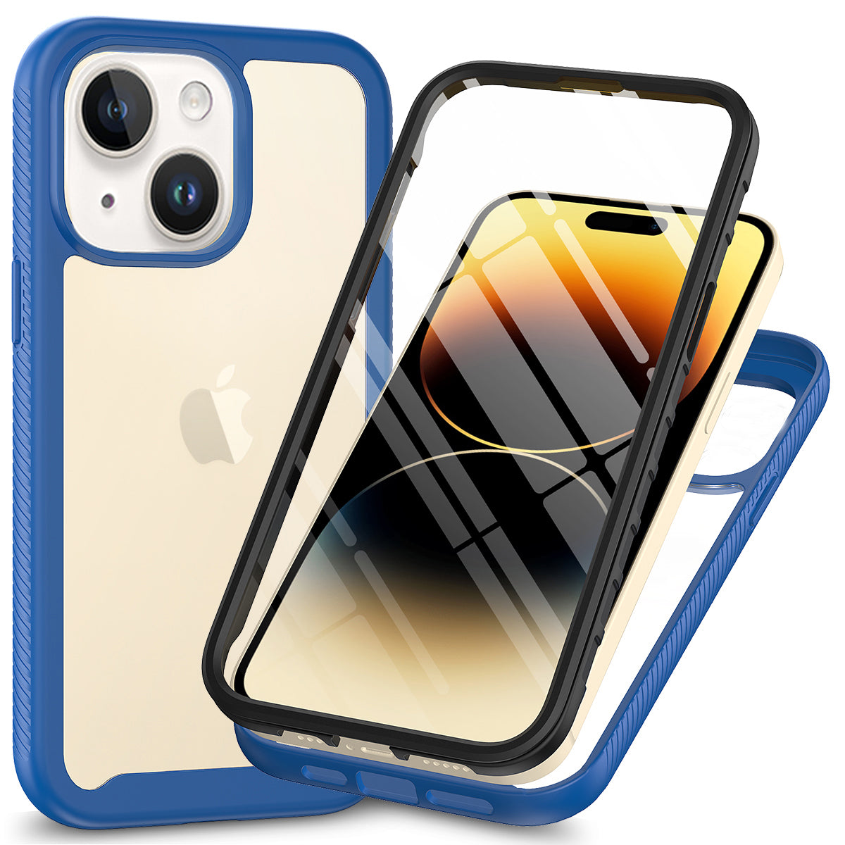 3-in-1 Phone Case for iPhone 15 Plus Full Protection TPU+PC Cover with PET Screen Protector - Blue
