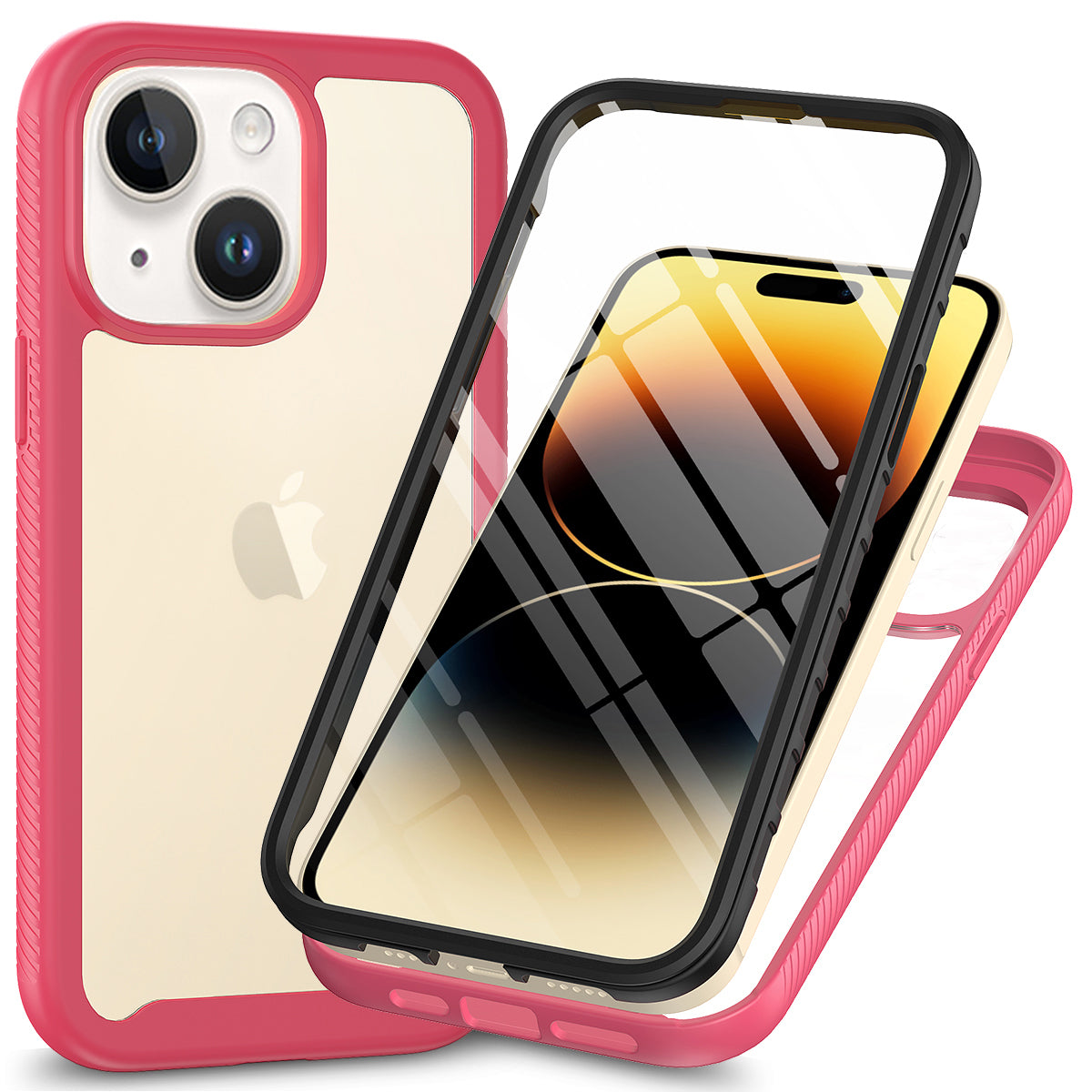 3-in-1 Phone Case for iPhone 15 Plus Full Protection TPU+PC Cover with PET Screen Protector - Pink