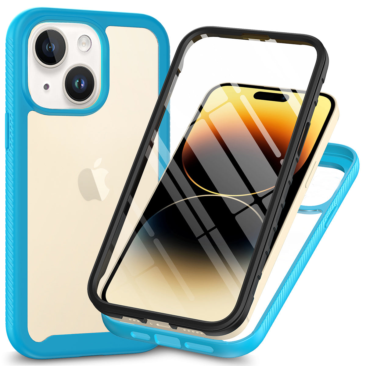 3-in-1 Phone Case for iPhone 15 Plus Full Protection TPU+PC Cover with PET Screen Protector - Baby Blue