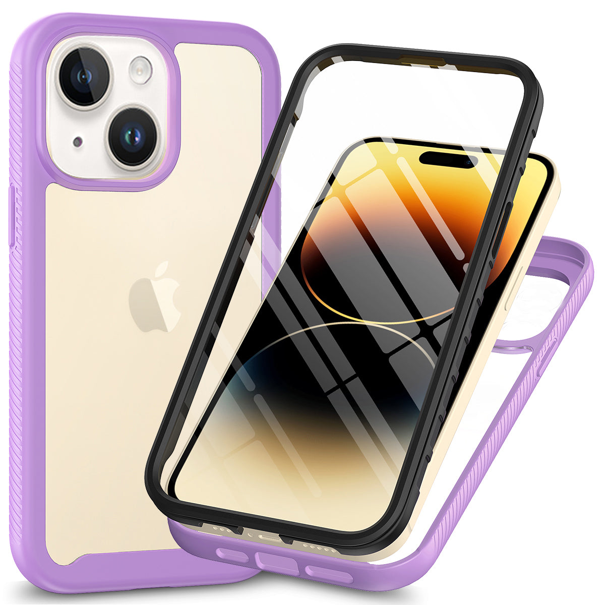 3-in-1 Phone Case for iPhone 15 Plus Full Protection TPU+PC Cover with PET Screen Protector - Purple