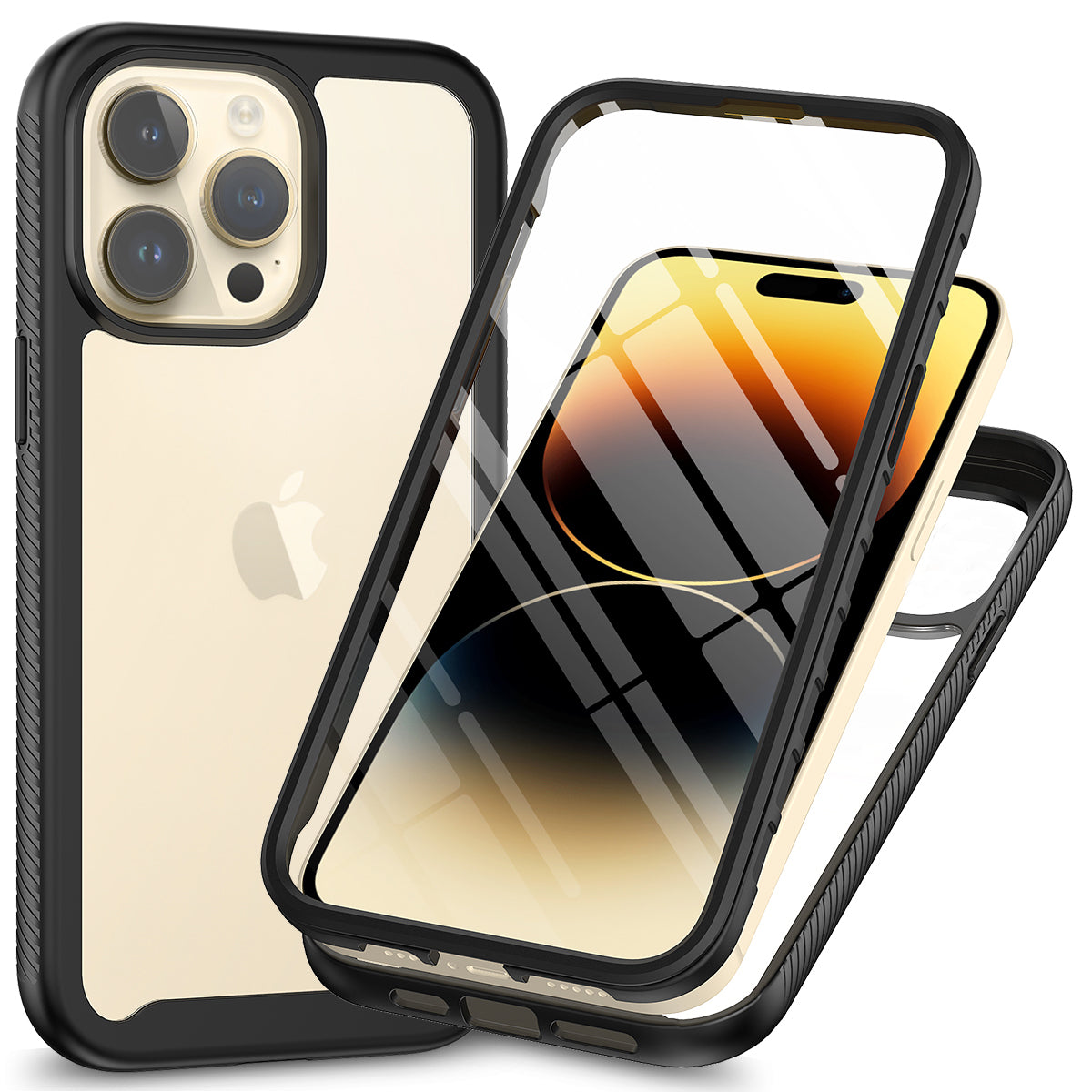 3-in-1 Shockproof Case for Phone 15 Pro Anti-Scratch TPU+PC Phone Cover with PET Screen Protector - Black