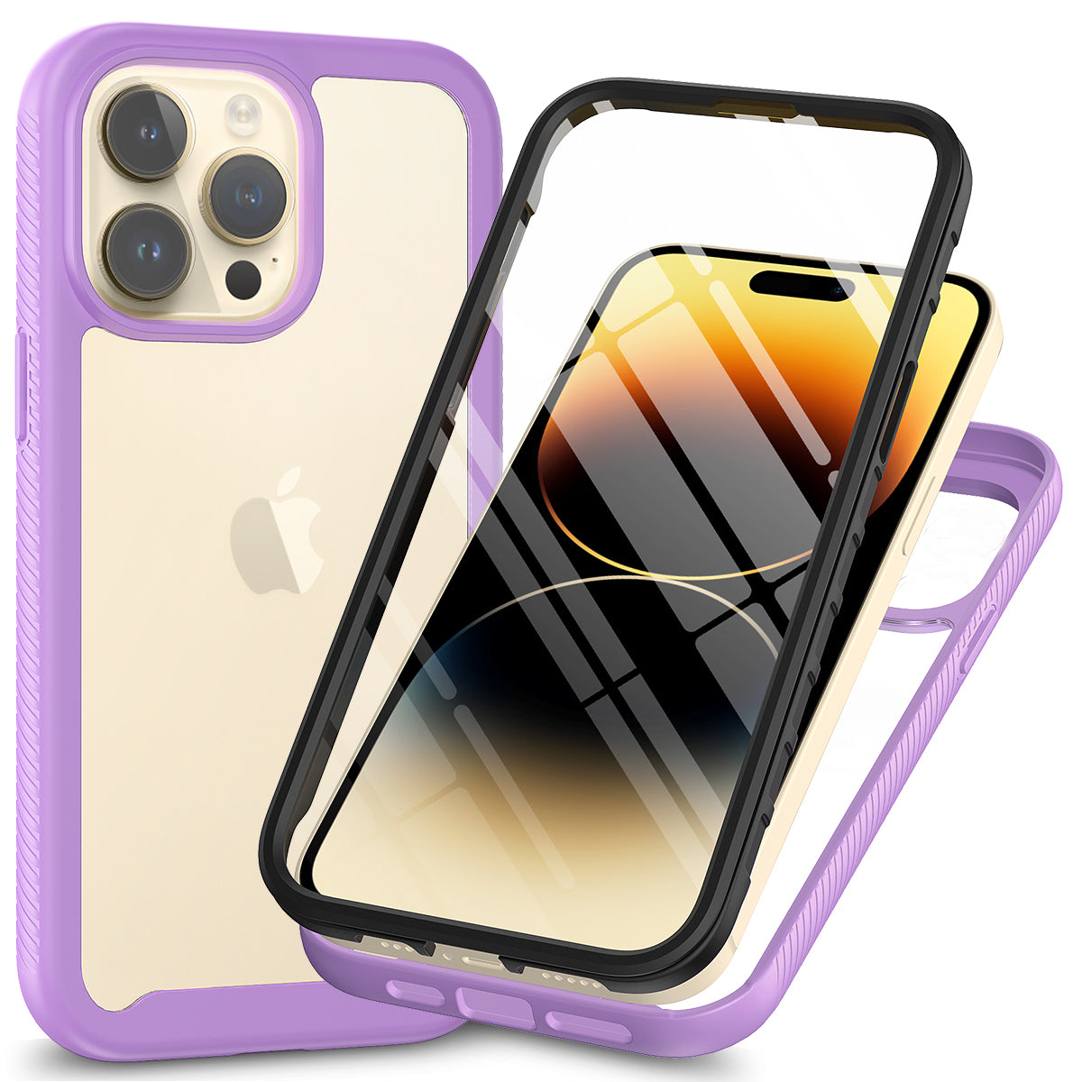 3-in-1 Shockproof Case for Phone 15 Pro Anti-Scratch TPU+PC Phone Cover with PET Screen Protector - Purple
