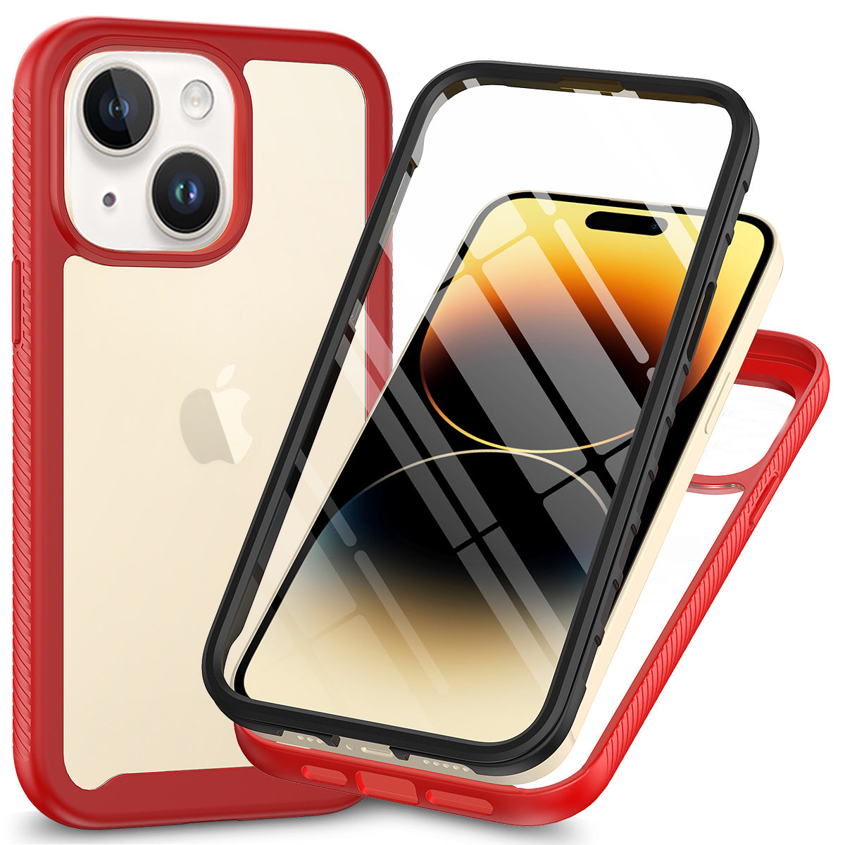 Uniqkart for iPhone 15 Full Protection Phone Case 3-in-1 Anti-Drop TPU+PC Cover with PET Screen Protector - Red