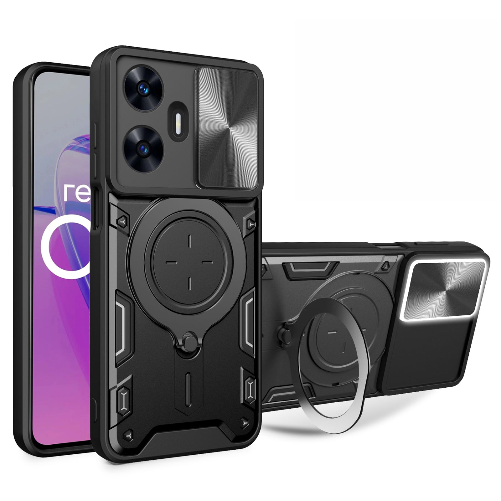 Uniqkart for Realme C55 PC+TPU Kickstand Cover Slide Camera Window Protection Phone Case - Black