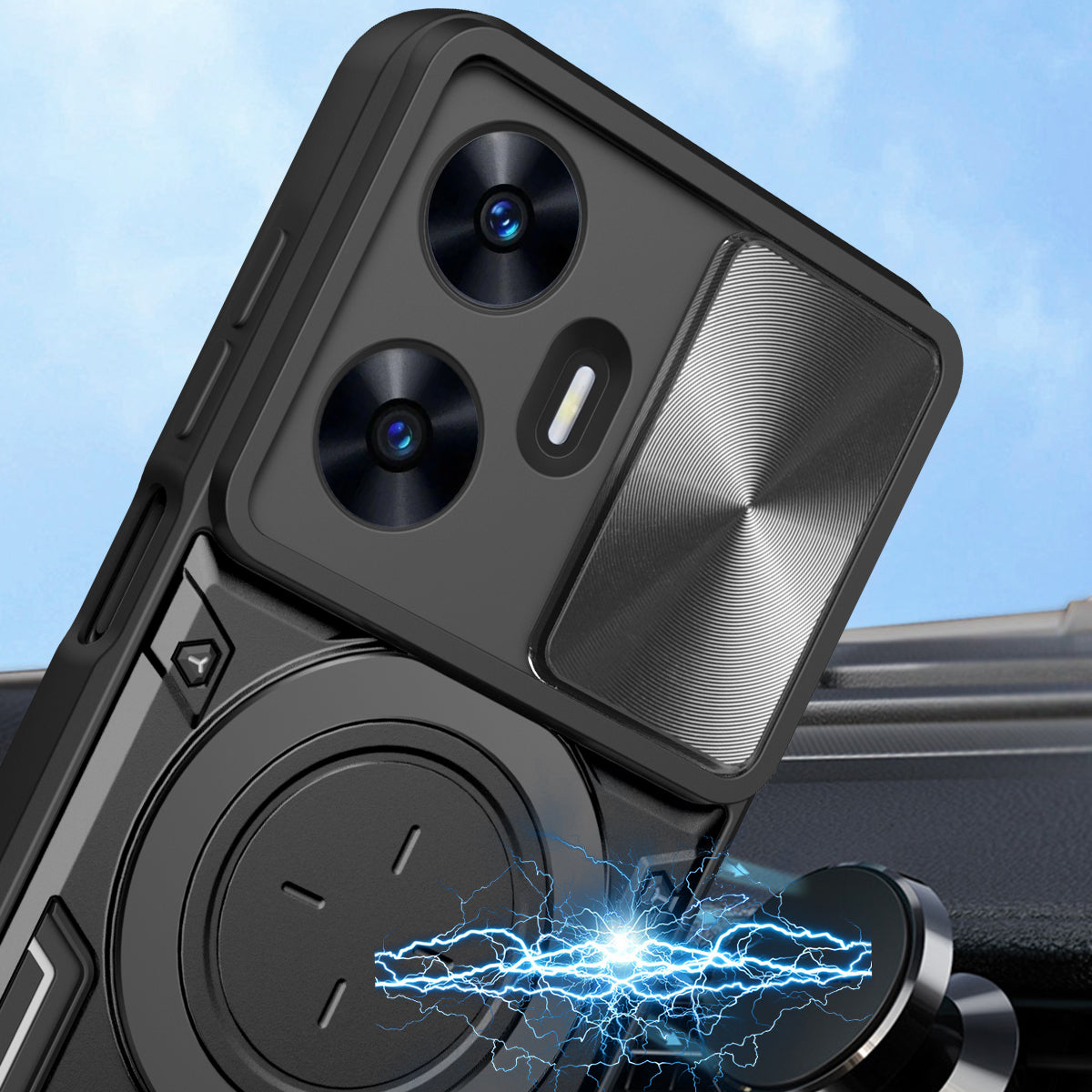 Uniqkart for Realme C55 PC+TPU Kickstand Cover Slide Camera Window Protection Phone Case - Black