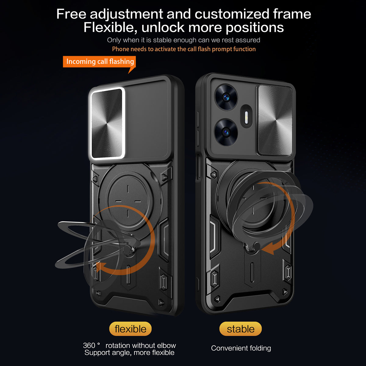 Uniqkart for Realme C55 PC+TPU Kickstand Cover Slide Camera Window Protection Phone Case - Black